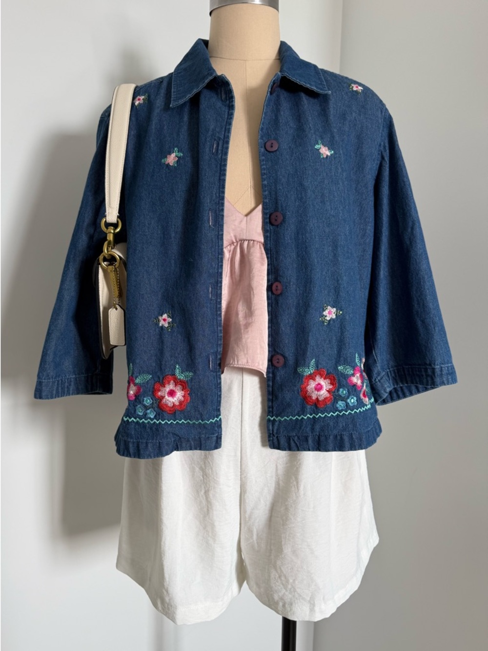 Vintage Floral Embroidered Denim Blouse Button Up